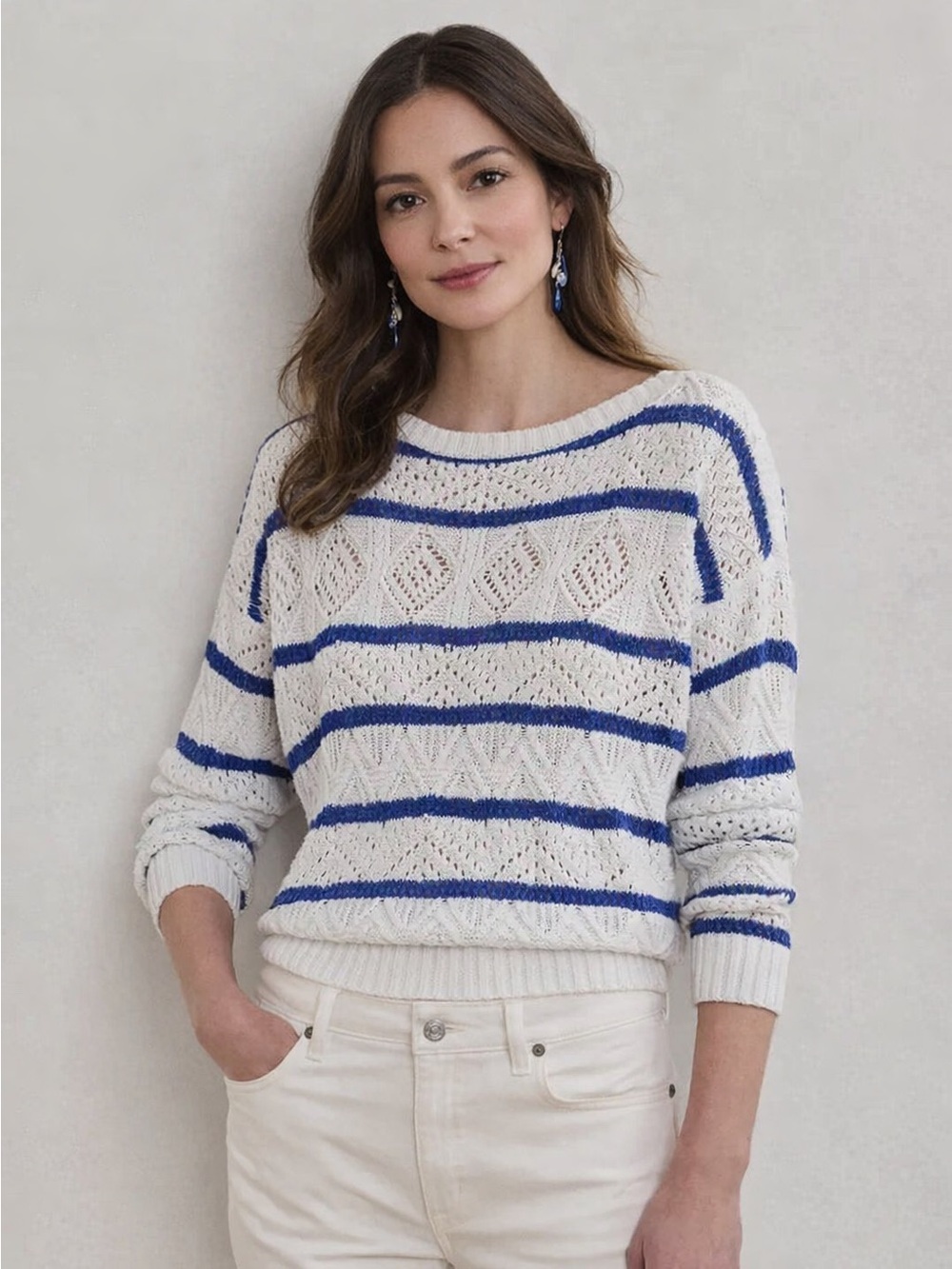 Lauren Ralph Lauren Stripe Pointelle Cotton Blend Sweater Size L